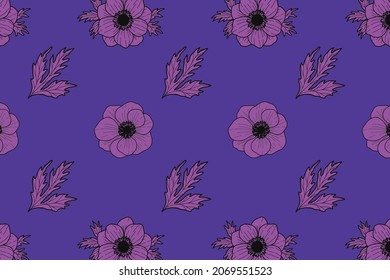 Anemone Flower pattern background. Vintage design decorative texture. wallpaper. Cute flowers, leafs stylized in folk ethnic artwork