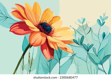 Anemone Flower Watercolor Floral design with green leaf