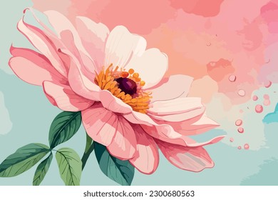 Anemone Flower Watercolor Floral design with green leaf