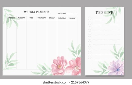 Anemone Flower Watercolor Weekly Planner Template