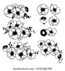 Anemonenkranz-Zusammensetzung. Vector Frühling, Sommerblumen und Blätter Silhouette Bouquet Rand Kontur Set