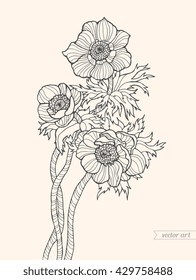 Anemone flowers, forest plant with line pattern. Vector floral artwork. Bohemia concept for wedding invitation, card, ticket, branding. Gift for girl women. Black and white, beige color flowers