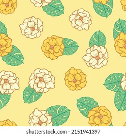 Flores anémónicas y hojas fondo de patrón sin fisuras. Papel de envoltura tropical o diseño textil. Hermosa impresión con plantas exóticas dibujadas a mano.