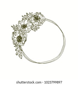 Anemone flowers monogram wreath hand drawn line art.