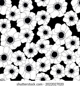 Flores anémónicas sin fisuras sobre fondo negro. Ornamento floral botánico. Diseño para tela, textil, fondo, papel de envoltura, embalaje, papel pintado.