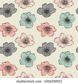 Anemone flowers,vector seamless pattern. Hand drawn floral background in retro pastel colores.