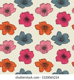 Anemone flowers,vector seamless pattern. Hand drawn floral background in retro pastel colores.