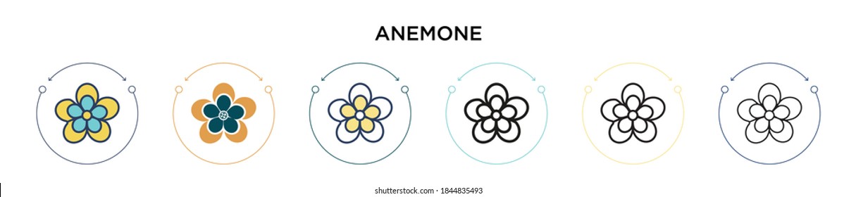 Anemone icon in filled, thin line, outline and stroke style. Vector illustration of two colored and black anemone vector icons designs can be used for mobile, ui, web