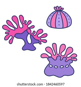 Anemone - isolated stickers or design elements for print. Cartoon simple style. Little live coral reefs for kids party decor a-la Under the Sea or childish game