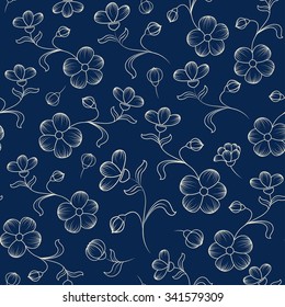 Anemone lily flowers seamless pattern on dark blue sapphire background.