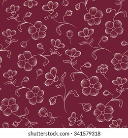 Anemone lily flowers seamless pattern on claret background.