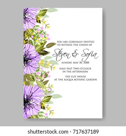 Anemone, peony wedding invitation vector template