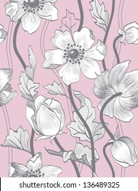 anemone, pink, gray, vintage, pattern, seamless