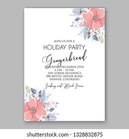 Anemone Pink Poppy greenery winter Christmas Party Wedding Invitation Card Template Floral Bridal Shower Wreath Bouquet wight flowers, peony eucalyptus vector illustration in vintage watercolor