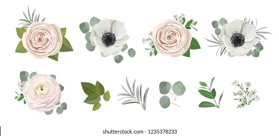 anemone ranunculus eucalyptus rose peony flowers and eucalyptus branches bouquet vector illustration, hand drawn floral elements set for greeting cards, wedding invitations.