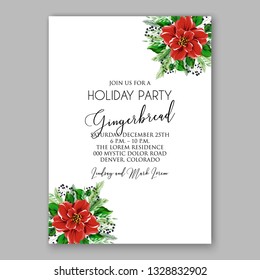 Anemone Red Poinsettia Poppy greenery winter Christmas Party Wedding Invitation Card Template Floral Bridal Shower Wreath Bouquet wight flowers, peony vector illustration in vintage watercolor