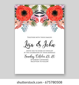 Anemone red poppy floral wedding invitation card hibiskus, rose floral bouquet