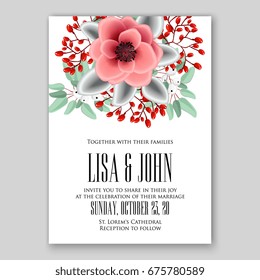 Anemone red poppy floral wedding invitation card hibiskus, rose floral bouquet