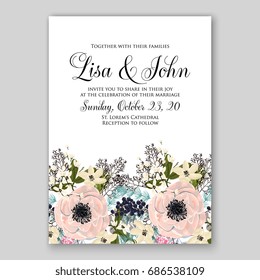Anemone and red poppy wedding invitation vector template