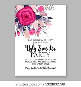 Anemone Rose Poppy greenery winter Christmas Party Wedding Invitation Card Template Floral Bridal Shower Wreath Bouquet wight flowers, peony eucalyptus vector illustration in vintage watercolor