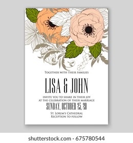 Anemone rose ranunculus wedding invitation card hibiskus, poppy, rose floral bouquet