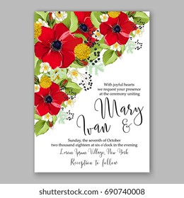 Anemone, Rose Wedding Invitation card template Floral Bridal Shower Invitation 