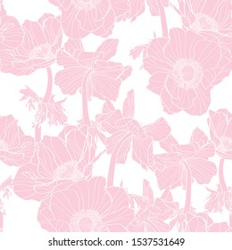 Anemone. Seamless pattern of pink line flowers. Floral background.