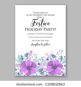 Anemone Violet Poppy greenery winter Christmas Party Wedding Invitation Card Template Floral Bridal Shower Wreath Bouquet wight flowers, peony eucalyptus vector illustration in vintage watercolor