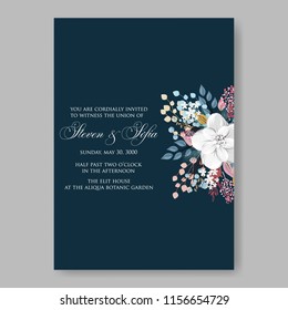 Anemone Wedding Invitation Card Template Floral Bridal Wreath Bouquet with wight flowers, peony eucalyptus branches, wild privet berry, currant berry vector illustration in vintage watercolor