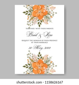 Anemone Wedding Invitation Card Template Floral Bridal Wreath Bouquet with wight flowers, peony eucalyptus branches, wild privet berry, currant berry vector illustration in vintage watercolor