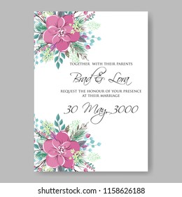 Anemone Wedding Invitation Card Template Floral Bridal Wreath Bouquet with wight flowers, peony eucalyptus branches, wild privet berry, currant berry vector illustration in vintage watercolor