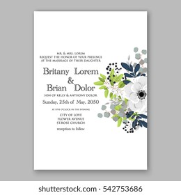 Anemone Wedding Invitation Card Template Floral Bridal Wreath Bouquet with wight flowers, mistletoe, eucalyptus branches, wild privet berry, currant berry vector  illustration in vintage watercolor 