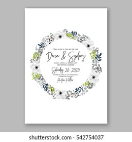 Anemone Wedding Invitation Card Template Floral Bridal Wreath Bouquet with wight flowers, mistletoe, eucalyptus branches, wild privet berry, currant berry vector  illustration in vintage watercolor 