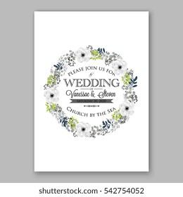 Anemone Wedding Invitation Card Template Floral Bridal Wreath Bouquet with wight flowers, mistletoe, eucalyptus branches, wild privet berry, currant berry vector  illustration in vintage watercolor 