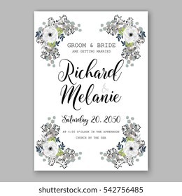 Anemone Wedding Invitation Card Template Floral Bridal Wreath Bouquet with wight flowers, mistletoe, eucalyptus branches, wild privet berry, currant berry vector  illustration in vintage watercolor 