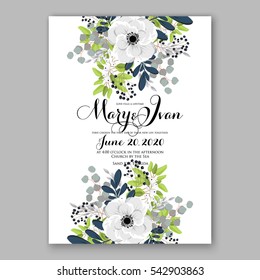 Anemone Wedding Invitation Card Template Floral Bridal Wreath Bouquet with wight flowers, mistletoe, eucalyptus branches, wild privet berry, currant berry vector  illustration in vintage watercolor 