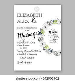 Anemone Wedding Invitation Card Template Floral Bridal Wreath Bouquet with wight flowers, mistletoe, eucalyptus branches, wild privet berry, currant berry vector  illustration in vintage watercolor 