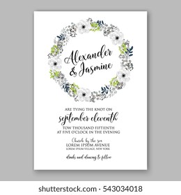 Anemone Wedding Invitation Card Template Floral Bridal Wreath Bouquet with wight flowers, mistletoe, eucalyptus branches, wild privet berry, currant berry vector  illustration in vintage watercolor 