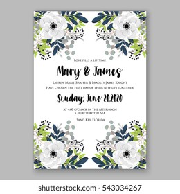 Anemone Wedding Invitation Card Template Floral Bridal Wreath Bouquet with wight flowers, mistletoe, eucalyptus branches, wild privet berry, currant berry vector  illustration in vintage watercolor 