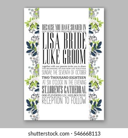 Anemone Wedding Invitation Card Template Floral Bridal Wreath Bouquet with wight flowers, mistletoe, eucalyptus branches, wild privet berry, currant berry vector  illustration in vintage watercolor 