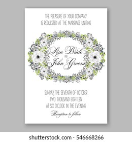 Anemone Wedding Invitation Card Template Floral Bridal Wreath Bouquet with wight flowers, mistletoe, eucalyptus branches, wild privet berry, currant berry vector  illustration in vintage watercolor 