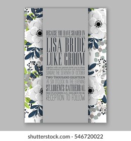 Anemone Wedding Invitation Card Template Floral Bridal Wreath Bouquet with wight flowers, mistletoe, eucalyptus branches, wild privet berry, currant berry vector  illustration in vintage watercolor 