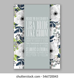 Anemone Wedding Invitation Card Template Floral Bridal Wreath Bouquet with wight flowers, mistletoe, eucalyptus branches, wild privet berry, currant berry vector  illustration in vintage watercolor 