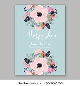 Anemone Wedding Invitation Card Template Floral Bridal Wreath Bouquet with pink flowers, mistletoe, eucalyptus branches, wild privet berry, currant berry vector illustration in vintage watercolor