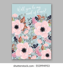 Anemone Wedding Invitation Card Template Floral Bridal Wreath Bouquet with pink flowers, mistletoe, eucalyptus branches, wild privet berry, currant berry vector illustration in vintage watercolor