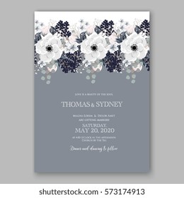 Anemone Wedding Invitation Card Template Floral Bridal Wreath Bouquet with wight flowers, peony eucalyptus branches, wild privet berry, currant berry vector illustration in vintage watercolor