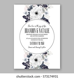 Anemone Wedding Invitation Card Template Floral Bridal Wreath Bouquet with wight flowers, peony eucalyptus branches, wild privet berry, currant berry vector illustration in vintage watercolor