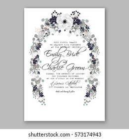 Anemone Wedding Invitation Card Template Floral Bridal Wreath Bouquet with wight flowers, peony eucalyptus branches, wild privet berry, currant berry vector illustration in vintage watercolor