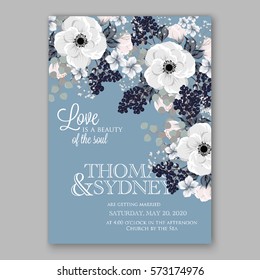 Anemone Wedding Invitation Card Template Floral Bridal Wreath Bouquet with wight flowers, peony eucalyptus branches, wild privet berry, currant berry vector illustration in vintage watercolor