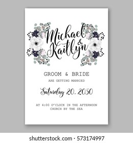 Anemone Wedding Invitation Card Template Floral Bridal Wreath Bouquet with wight flowers, peony eucalyptus branches, wild privet berry, currant berry vector illustration in vintage watercolor